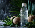 Coconut water bottle beside fresh coconuts and greenery Royalty Free Stock Photo