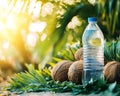 Coconut water bottle beside fresh coconuts and greenery Royalty Free Stock Photo