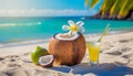 Coconut water drink and cocktail on tropical beach with palm trees and turquoise sea in the background Royalty Free Stock Photo