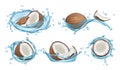 Coconut water set. Vector realistic coconuts and water splashes isolated on white background