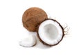 Coconut on a white background, isolated. Whole coconut, halves, shells, pieces of coconut. Tropical fruit Royalty Free Stock Photo