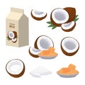 Coconut whole and halved, and a piece, set and coconut milk and sugar. Cartoon coconut icon
