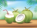 Coconut on wood table and nature background.