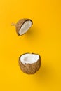 Coconut on yellow colored background, minimal flat lay style. Royalty Free Stock Photo