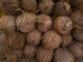 Coconuts background.Food market.Fresh organic coconuts for sale