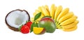 Coconuts,bananas,mango and strawberry isolated on the white Royalty Free Stock Photo