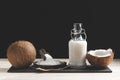 Coconuts, coconut milk and grated coconut on dark background Royalty Free Stock Photo