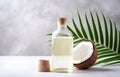 coconuts and coconut oil with tropical leaves onwhite bathroom background