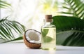 coconuts and coconut oil with tropical leaves onwhite bathroom background