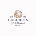 Coconuts Farms Abstract Vector Sign, Symbol or Logo Template. Hand Drawn Sketch Coconut with Retro Typography. Vintage Royalty Free Stock Photo