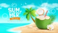 Coconuts fruit fresh and flower summer holiday on sand beach background, EPS 10 vector illustration