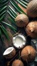 Coconuts and green leaves on dark wood, tropical freshness. AI Generated