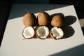 Coconuts lie on a white surface in harsh lighting indicating exotic fruits and tropical flavors. Royalty Free Stock Photo