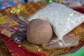 Coconuts and Pooja Items outside the temple. Royalty Free Stock Photo