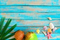 Coconuts, shells and starfish on wood background. Royalty Free Stock Photo