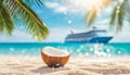 Coconuts on tropical beach with Cruise ship, palm trees and turquoise sea in the background Royalty Free Stock Photo