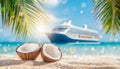 Coconuts on tropical beach with Cruise ship, palm trees and turquoise sea in the background Royalty Free Stock Photo