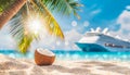 Coconuts on tropical beach with Cruise ship, palm trees and turquoise sea in the background Royalty Free Stock Photo