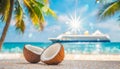 Coconuts on tropical beach with Cruise ship, palm trees and turquoise sea in the background Royalty Free Stock Photo