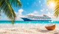 Coconuts on tropical beach with Cruise ship, palm trees and turquoise sea in the background Royalty Free Stock Photo