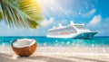 Coconuts on tropical beach with Cruise ship, palm trees and turquoise sea in the background Royalty Free Stock Photo