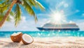 Coconuts on tropical beach with Cruise ship, palm trees and turquoise sea in the background Royalty Free Stock Photo