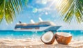 Coconuts on tropical beach with Cruise ship, palm trees and turquoise sea in the background Royalty Free Stock Photo