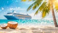 Coconuts on tropical beach with Cruise ship, palm trees and turquoise sea in the background Royalty Free Stock Photo