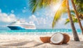 Coconuts on tropical beach with Cruise ship, palm trees and turquoise sea in the background Royalty Free Stock Photo