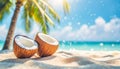 Coconuts on tropical beach with palm trees and turquoise sea. Background Royalty Free Stock Photo