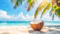 Coconuts on tropical beach with palm trees and turquoise sea. Background Royalty Free Stock Photo