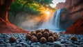 Serene Waterfall Oasis: Coconuts on Pebbles at Sunrise Royalty Free Stock Photo
