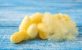 Cocoon , Silk on Blue wooden. Royalty Free Stock Photo