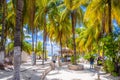 Cocos beach bar on a beach with white sand and palms on a sunny day, Isla Mujeres island, Caribbean Sea, Cancun, Yucatan, Mexico Royalty Free Stock Photo