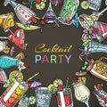 Coctail drinks party summer poster. Drinking alcohol glasses with cherry, paper umbrellas, lime, mint leaves and cubes
