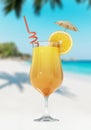 Coctail glass with red straw, orange slice and a coctail umbrella. 3D illustration Royalty Free Stock Photo