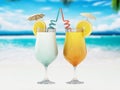 Coctail glasses with red straw, orange slice and a coctail umbrella. 3D illustration Royalty Free Stock Photo