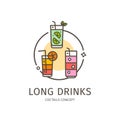 Coctails Long Drinks Thin Line Icon Concept. Vector