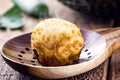 cod dumplings, fish meat dumpling in a slotted spoon, fried salty, macro photography Royalty Free Stock Photo