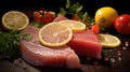 Cod fillet of fresh tuna with lemon and vegetables. Generative Ai Royalty Free Stock Photo