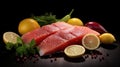 Cod fillet of fresh tuna with lemon and vegetables. Generative Ai Royalty Free Stock Photo