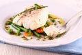 Cod Fillet with green beans, peas, parsley Royalty Free Stock Photo