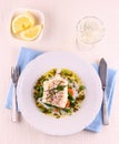 Cod Fillet with green beans, peas, parsley, wine Royalty Free Stock Photo