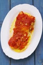 Cod fish with tomato sauce on white dish Royalty Free Stock Photo