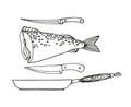 Cod, frying pan, fish knife, decorative elements for restaurant seafood menu