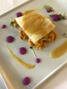 Cod loin on chickpeas with red cabbage sauce Royalty Free Stock Photo