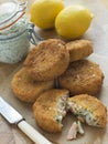 Cod and Salmon Fish Cakes with Tartar Sauce Royalty Free Stock Photo