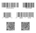 Code bar. Barcode for scan. QR sticker, scanner. Label of product. Retail sale with identification. Set of digital price tags with