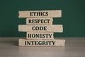 Code of conduct symbol. Brick blocks with words \'ethics, respect, code, honesty, integrity\'. Royalty Free Stock Photo