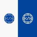 Code, Custom, Implementation, Management, Product Line and Glyph Solid icon Blue banner Line and Glyph Solid icon Blue banner